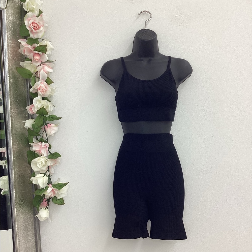 LOLO black ribbed activewear high waisted shorts & sports bra set